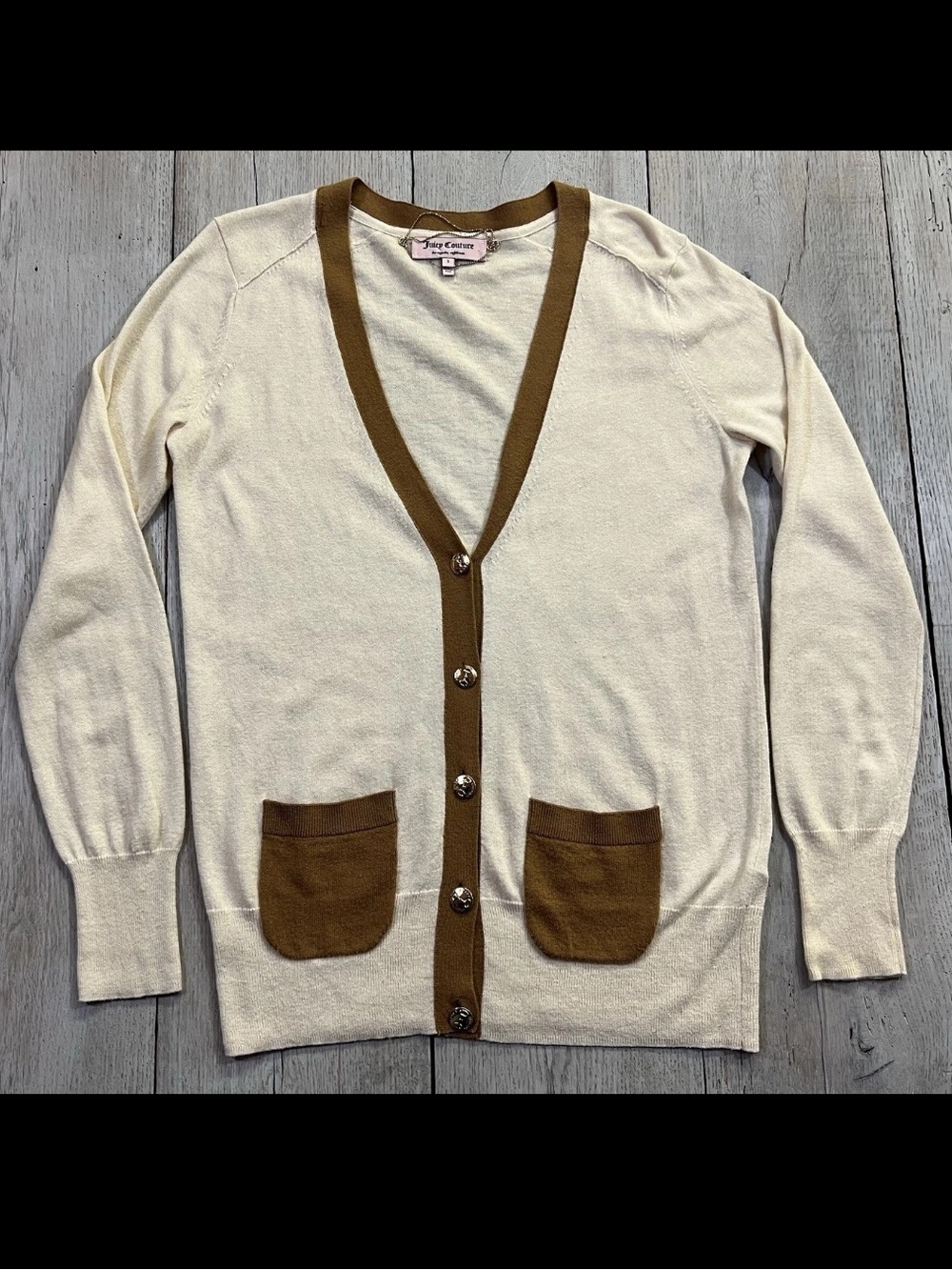 Juicy Couture Ivory Brown Preppy Cotton Wool Colorblock Cardigan Sweater Sz S